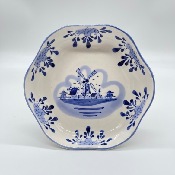 Vintage Delfts Blue by Holland Footed Scalloped Edge Bowl Dutch Windmill 3” Tall - Picture 6 of 11